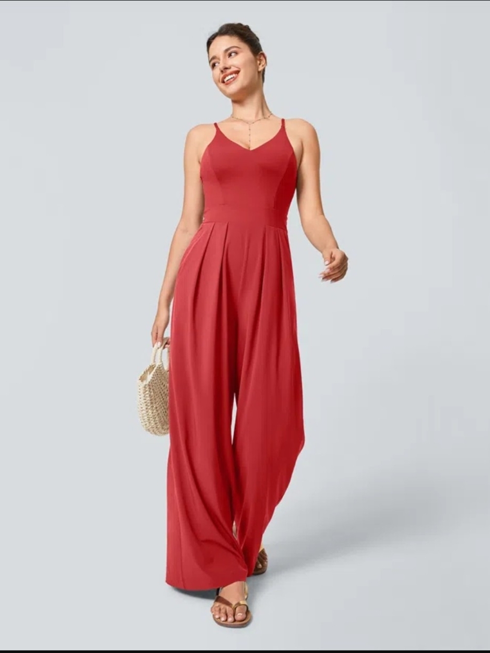 NWT Size Large HALARA Red Pleated Wide-Leg Spaghetti Strap Jumpsuit